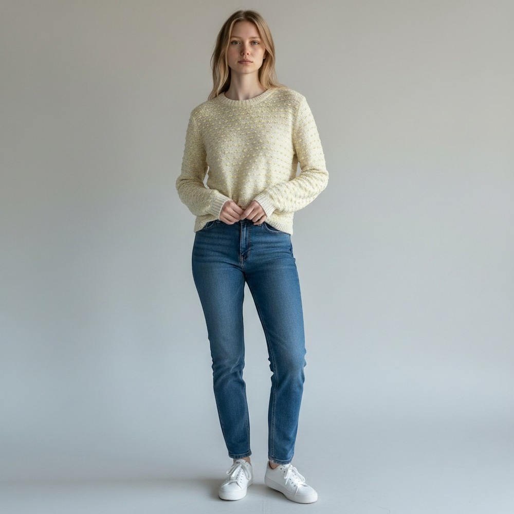 Popcorn Knit Sweater Womens Small Cream Yellow Back Zip High Low Pullover